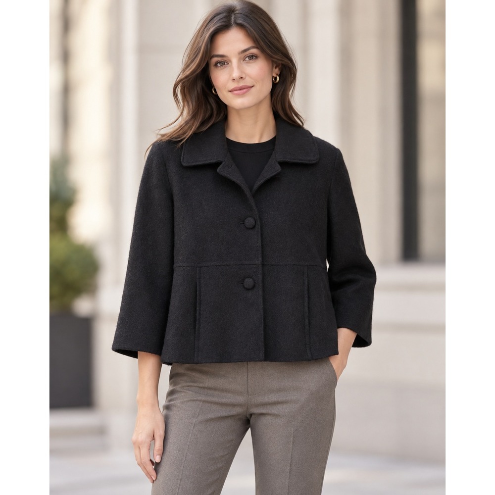 Euro Chic Black 100% Wool Cropped Jacket Twee Mod 3/4 Sleeve Size M Parisian